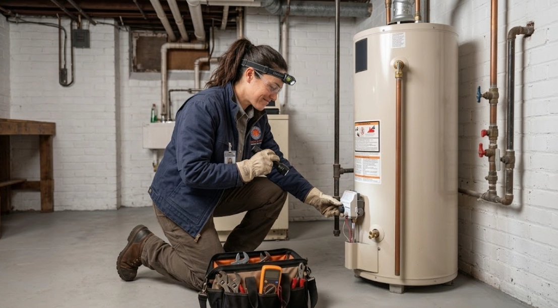 Diagnostic water heater repair Co-op City Bronx service technician inspecting heating elements